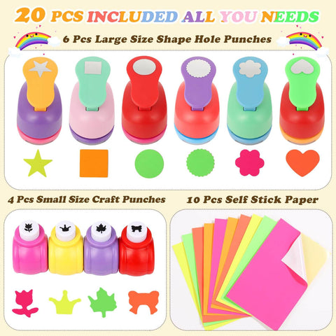 All In One Scrapbooking Punch Kit With Six Large Punches And Four Mini Punches In Star Heart Flower Circle Gear Wave Shapes Plus Ten Sticker Papers layout