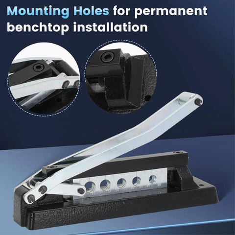 Heavy Duty Ferrule Crimping Tool For Air Hose Repair Kit With Five Dies And 100 Ferrules, detailed view with mounting holes.