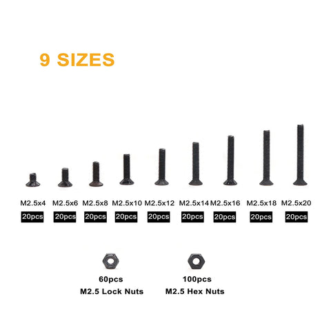 340 Piece M2.5 Black Countersunk Socket Cap Screws And Nylon Lock Nuts And Hex Nuts Kit, 10.9 Grade Alloy Steel M2.5 By 4 6 8 10 12 14 16 18 20mm display