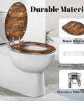 Generic Replacement Elongated Resin Toilet Seat for Home Use with wood finish and stainless steel hinge on toilet.