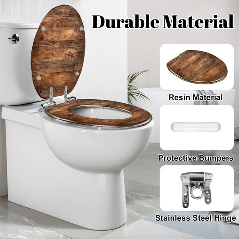 Generic Replacement Elongated Resin Toilet Seat for Home Use with wood finish and stainless steel hinge on toilet.
