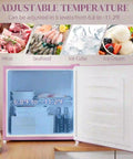 Slick 1.1 Cu Ft Compact Countertop Upright Freezer Featuring Smooth Temperature Dial And Handy Removable Shelf In Vibrant Pink, showcasing adjustable temperature from 6.8°F to -11.2°F.