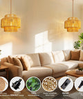 Hand Woven Rattan Plug In Hanging Light For Living Room Bedroom Kitchen Ceiling Pendant Fixture Featuring Cool Boho Glam and airy design in a sunny living room.