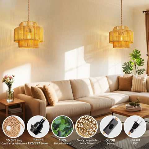 Hand Woven Rattan Plug In Hanging Light For Living Room Bedroom Kitchen Ceiling Pendant Fixture Featuring Cool Boho Glam and airy design in a sunny living room.