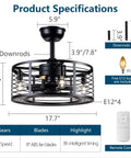 Specifications of Dope Modern Enclosed Ceiling Fan With Remote Control, Black Caged Industrial Light Kit, 8 ABS Blades, 5 E12 Bulbs.