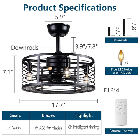 Specifications of Dope Modern Enclosed Ceiling Fan With Remote Control, Black Caged Industrial Light Kit, 8 ABS Blades, 5 E12 Bulbs.