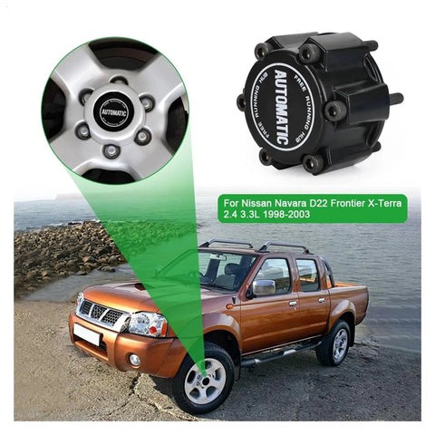 Heavy Duty Automatic Wheel Locking Hub For Pickup Trucks Anti Theft Front Axle Lock 28 Spline No Sweat Install Compatible With Nissan D22 close-up and vehicle view.