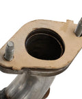 Close-up of GM Compatible Three Way Catalytic Converter With Exhaust Manifold Pipe joint, showcasing steel construction and durability