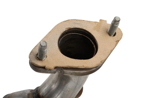 Close-up of GM Compatible Three Way Catalytic Converter With Exhaust Manifold Pipe joint, showcasing steel construction and durability