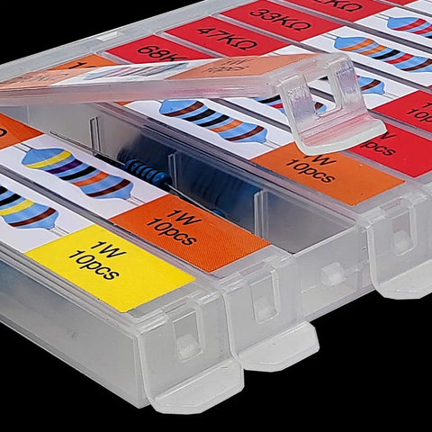 Ace One Watt Metal Film Resistor Assortment Kit Packing Three Hundred Pieces Across Thirty Values From One Ohm To One Megohm In Individual Compartments showcasing labeled compartments.