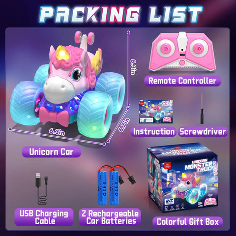 Unicorn Themed RC Car For Girls With 360 Degree Rotating Stunt Action, 4x4 All Terrain Monster Truck With LED Lights And Built In Music package contents
