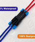 Close-up of Weather Pack 2 Pin Waterproof Automotive Electrical Connectors Kit for 14-12 AWG wire, showcasing waterproof and dustproof features.