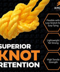 Yellow 3/8 Inch Beefy Heavy Duty Polypropylene Rope 1200 Feet For Outdoor And Marine Use, knot detail showing flexibility and strength.