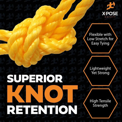 Heavy Duty 3 By 8 Inch Polypropylene Rope 600 Feet Bright Yellow For Outdoor Marine And DIY Use Ultra Strong Workhorse Visible Tie Down Rope For Load Securing Camping Towing And General Utility, showcasing knot retention features.