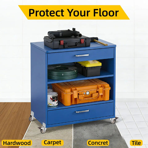Blue cabinet on 2 Inch Side Mount Casters Set Of 4 With Thick L Shaped Plate, Built Tough Heavy Duty Swivel Wheels With Brakes, 600 Lbs Total Capacity, Quiet Operation For Furniture Kitchen Cabinets Planters Cribs And Tables on various floor types.