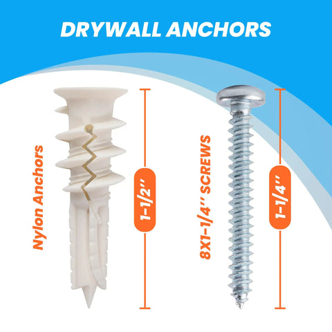 Self Drilling Drywall Anchors And Screws Kit, 30 Piece Set, Size Eight Screws, No Pre Drill Needed, Heavy Duty Wall Anchors with sizes