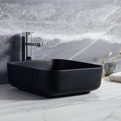 Square Vessel Bathroom Sink 15 By 15 Inches Black Ceramic Vanity Basin With Pop Up Drain Above Counter Modern Vessel Sink