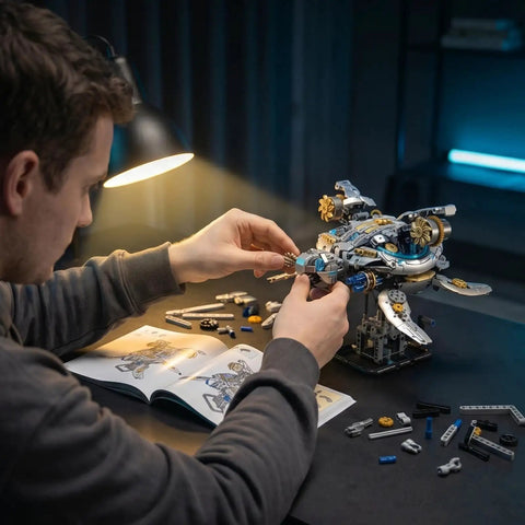 Man assembling Mechanical Sea Turtle Gear Driven Model Kit With 1277 Pieces, steampunk ocean animal with LED light