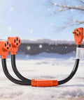 Nema 14-50 Y Splitter Adapter Cord, 50 Amp Dual Outlet Extender For RV And EV Charging in winter setting with two orange outlets.