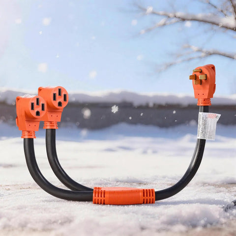 Nema 14-50 Y Splitter Adapter Cord, 50 Amp Dual Outlet Extender For RV And EV Charging in winter setting with two orange outlets.