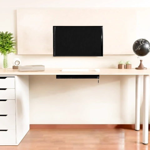 Slick Under Desk Pull Out Drawer With Lock Smooth Glide Metal Slide Organizer under a desk, black steel, ideal for workspace storage.