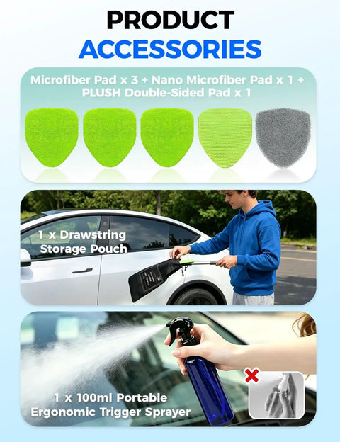 Extendable Interior Windshield Cleaner Tool With Four Plush Microfiber Pads For Streak Free Car And Home Window Detailing That Pulls Double Duty Without Any Sweat accessories including microfiber pads and sprayer.