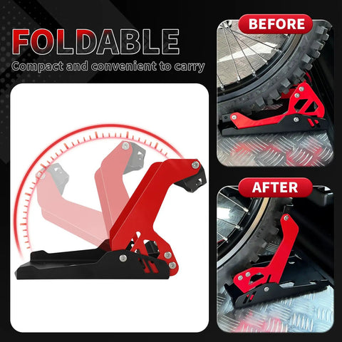 Universal Motorcycle Wheel Chock For Transport, Go To Front Tire Stand, Portable Adjustable, 1800 Lb Capacity, Foldable Design