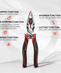 Pro Wire Stripper Tool 8 Inch Multifunctional Linesman Pliers Cable Cutter Wire Strippers Electrical Terminal Crimping Tool High Leverage Eccentric Design For Fast Durable Electrical Work showing various functions like clamping, crimping, cutting, and spanner use on tool label.