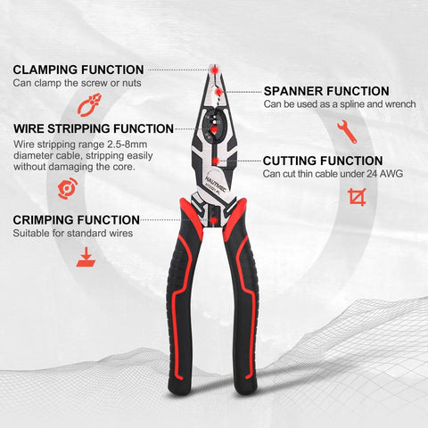 Pro Wire Stripper Tool 8 Inch Multifunctional Linesman Pliers Cable Cutter Wire Strippers Electrical Terminal Crimping Tool High Leverage Eccentric Design For Fast Durable Electrical Work showing various functions like clamping, crimping, cutting, and spanner use on tool label.