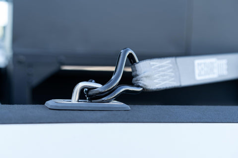One And A Half Inch By Twenty Foot Tie Down Ratchet Straps With Double J Hooks, Heavy Duty Tie Downs in use on truck bed