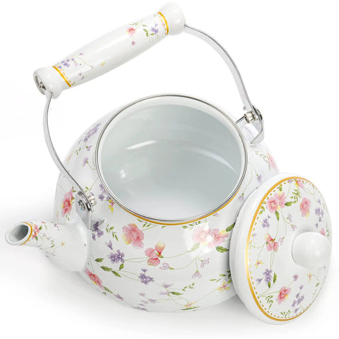 Vintage Floral Enamel Tea Kettle 2.6 Quart With Porcelain Handle For Stovetop Kitchen Camping And Home Gifts Perfect For Housewarming Wedding Bridal Shower Mothers Day Non Toxic Durable Fast Heating And Rust Resistant