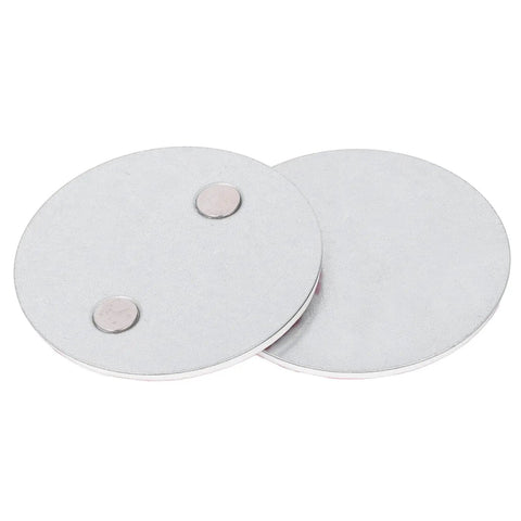 Heavy Duty Magnetic Smoke Detector Mount With Ridiculously Strong Suction And Zero Drill Hassle For Smooth Ceiling Or Wall Setup Including Steel Double Side Tape Two Piece Kit, two round steel adhesive mounts.