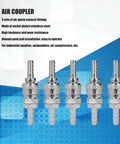 Built Tough Stainless Steel Air Fittings 5 Pack Set With Heavy Duty Pneumatic Quick Connect Couplers And Easy Install Plugs on blue background.