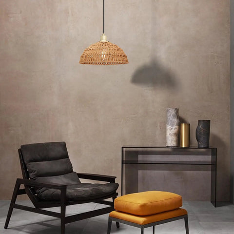 Two Pack Linen Cord Boho Pendant Lights With Hemp Rattan Wicker Brushed Brass Finish Ideal For Kitchen Island And Dining Room E26 LED Compatible Bulbs Not Included Dimmable With Dimmer Easy Hardwired Installation, shown over modern seating area.