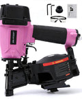 Badass 15 Degree Roofing Nailer With Smooth Low Recoil Design Built For Wire Collated Nails From Three Quarters To One And Three Quarters Inches Heavy Duty Job Site Ready Pneumatic Nail Gun with safety glasses and accessories.
