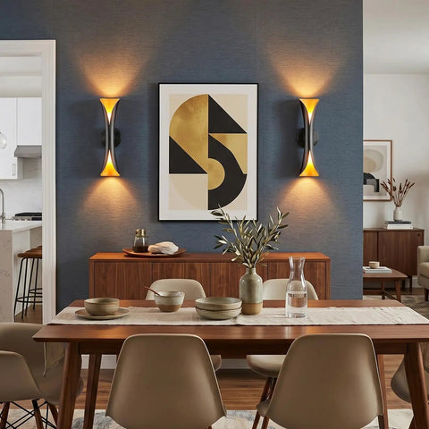 Flynix LED Indoor Wall Sconces, 5 Color Temps Dimmable Hardwired Wall Light illuminating a stylish dining area with art.