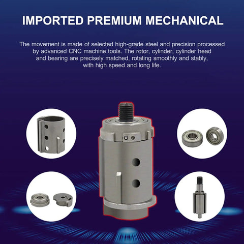 No-Nonsense Heavy-Duty Mini Air Die Grinder Kit showing high-grade steel components, including rotor and cylinder assembly.