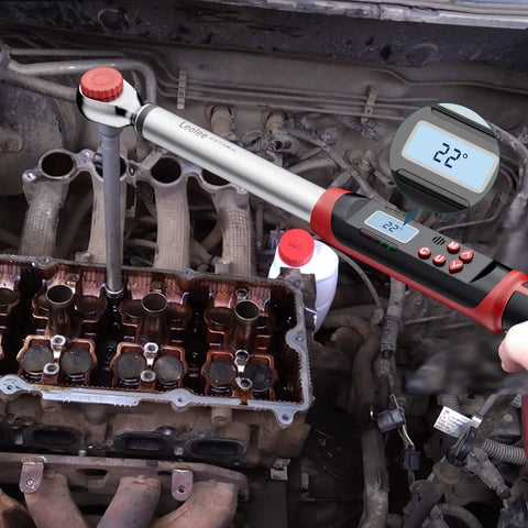 Digital Torque Wrench 3/8 Inch Drive With Angle, Preset Value And LED Alerts in use on car engine showing 22 degrees