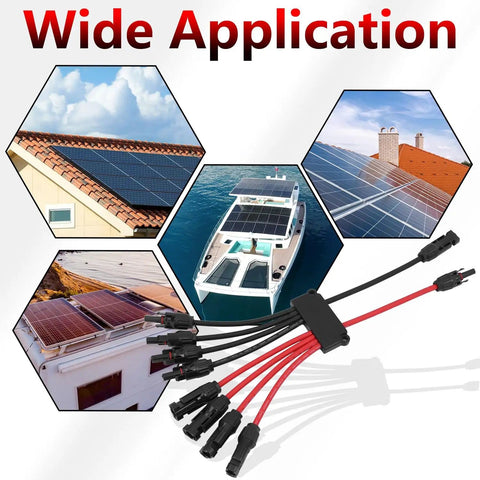 Parallel Panel Connectors Kit For Four Panels, Tool Free Y Branch Cable Splitter 2 To 8, shown in rooftop and marine install