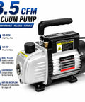 3.5 CFM HVAC Vacuum Pump 1 Quarter HP Pro Grade Refrigeration Tool With R134a R12 R22 R410a Compatibility Includes AC Manifold Gauge Can Tap Carrying Tote Quiet Operation, silver aluminum and black motor housing