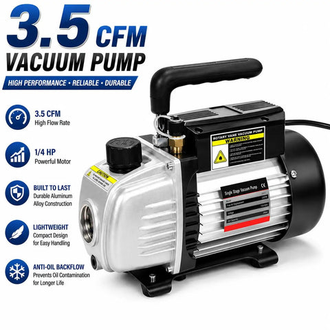3.5 CFM HVAC Vacuum Pump 1 Quarter HP Pro Grade Refrigeration Tool With R134a R12 R22 R410a Compatibility Includes AC Manifold Gauge Can Tap Carrying Tote Quiet Operation, silver aluminum and black motor housing