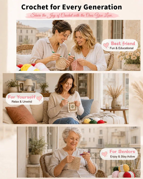 Collage with diverse women using No-Brainer Crochet Starter Kit For Beginners With Ergonomic Hooks And 59-Piece Yarn Bundle.
