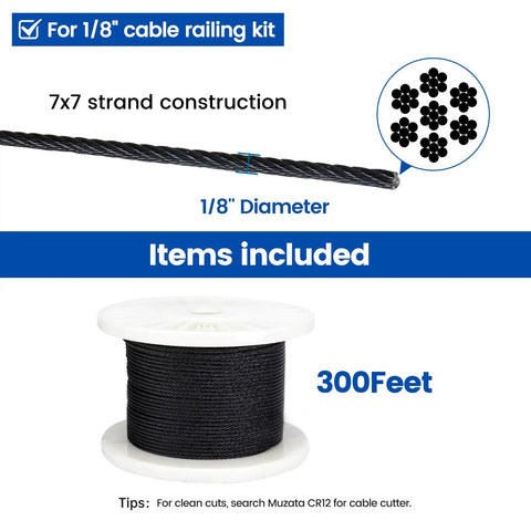 300 Ft One Eighth Inch Black Stainless Steel Cable Railing Kit With T316 Wire Rope, 7x7 Strand, 1800 Pound Breaking Strength