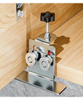 GameChanger Cabinet Door Installation Jig Set Bulletproof Stainless Steel Frame Positioner Tools No Brainer Mounting Hardware Kit close-up view of jig clamped to cabinet.
