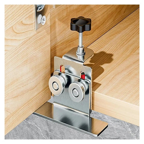 GameChanger Cabinet Door Installation Jig Set Bulletproof Stainless Steel Frame Positioner Tools No Brainer Mounting Hardware Kit close-up view of jig clamped to cabinet.