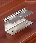 Close-up of Four Pack Silver 59mm Cabinet Door Hinge Set for Luggage, Jewelry Boxes, Suitcases and Vintage Furniture - 6-Hole Tri-Fold Decorative Hinges
