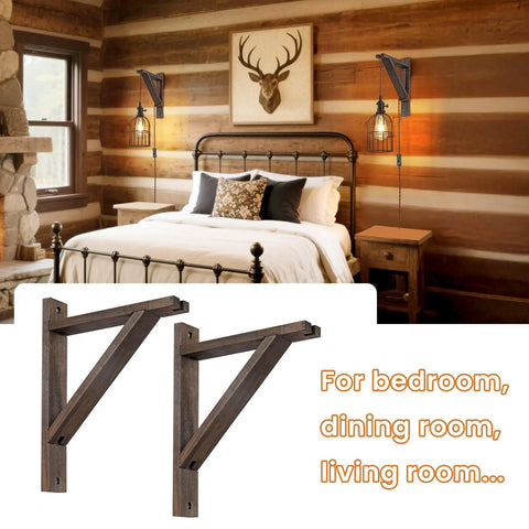 Rustic Wood Wall Mount Bracket Set Of 2 For Hanging Pendant Lights Planters And DIY Decor Natural Triangle Shelf With Adjustable Plug In Cord Kit Farmhouse And Industrial Home Decor