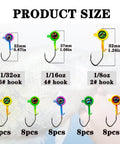 Crappie Jig Heads 40 Pack One Thirty Second Ounce Swimbait Jigs With V Sharp Barbed Hooks For Crappie And Bass Fishing High Carbon Steel Eye Clean No Paint Ready For Freshwater Angling showing various sizes and colors with 3D eyes.
