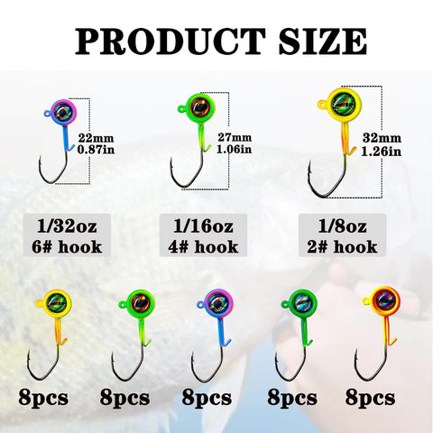 Crappie Jig Heads 40 Pack One Thirty Second Ounce Swimbait Jigs With V Sharp Barbed Hooks For Crappie And Bass Fishing High Carbon Steel Eye Clean No Paint Ready For Freshwater Angling showing various sizes and colors with 3D eyes.