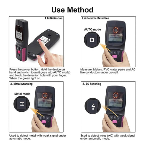Straight Up Pro Grade Wall Scanner And Stud Finder With Bright Backlit Display instructions for use with automatic detection and scanning modes.